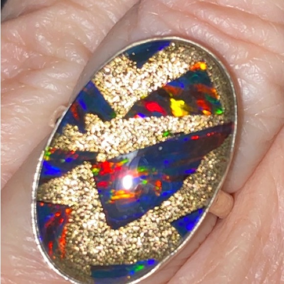 Stunning Multicolor Fire Opal and Gold Flake Ring Sz 8, 925 Sterling - Picture 3 of 4